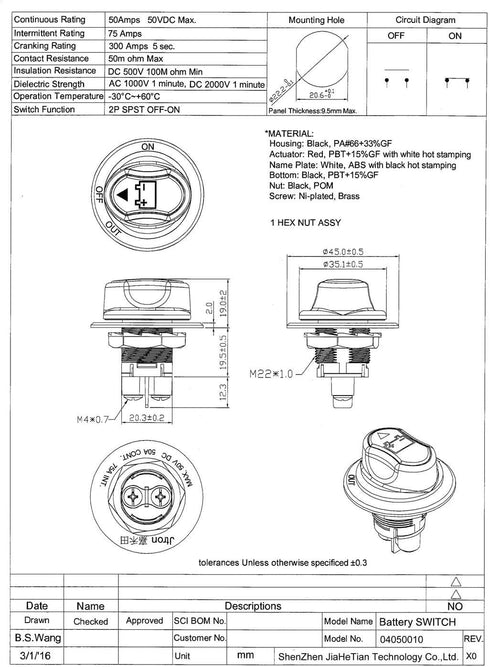 Jtron Car Battery Disconnect Switch MAX.50V DC 50A Cont 75A INT Battery Master Cut Off Isolator Switch Waterproof for Car Motorcycle Marine Boat A...