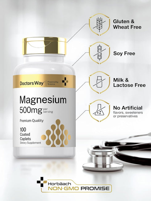 Doctor's Way Magnesium Supplement 500mg | 100 Coated Caplets | Magnesium Oxide | Vegetarian, Non-GMO, Gluten Free...