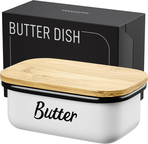 White Butter Dish with Lid for Countertop & Refrigerator - Unbreakable Metal Butter Keeper, Large Butter Container for Fridge, Butter Holder, Butt...