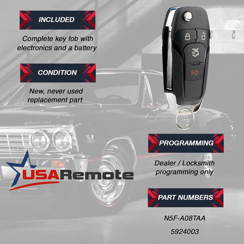 Flip Key for 2013-2016 Ford Fusion Keyless Entry Remote Fob (N5F-A08TAA 164-R7986)...