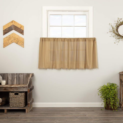 VHC Brands Primitive Farmhouse Kitchen Window Curtains-Tobacco Cloth Fringed Tier Pair, Set 24x36, Khaki Tan...