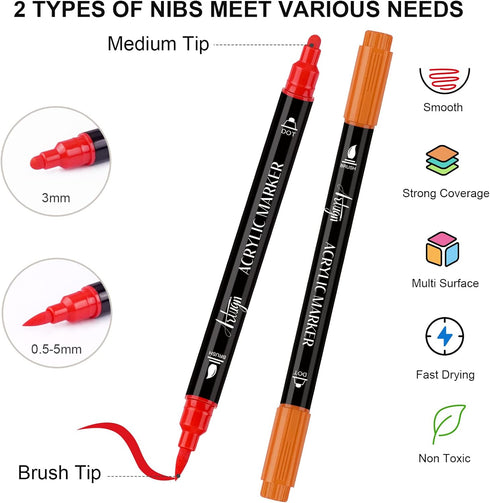 24 Colors Acrylic Paint Pens, Dual Tip Pens With Medium Tip and Brush Tip for Rock Painting, Ceramic, Wood, Plastic, Calligraphy, Scrapbooking, Br...