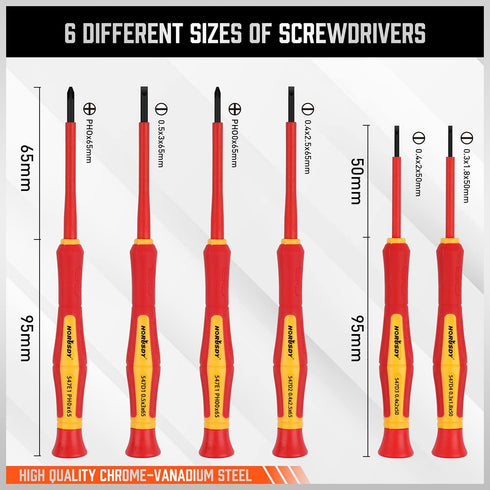 HORUSDY 1000V 6-Piece Mini Insulated Screwdriver Set, Magnetic Tip Mini Electrician Screwdriver Set Slotted(1.8mm,2.0mm2.5mm,3.0mm), Phillips: (PH...