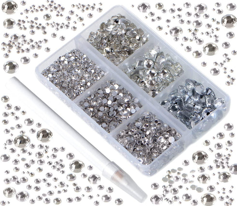 Bymitel 5000 Pieces 6 Mixed Sizes Glue Fix on Glass Rhinestones Round Crystal Gems Flatback for DIY Jewelry Making with one Picking Pen(6-Sizes 50...