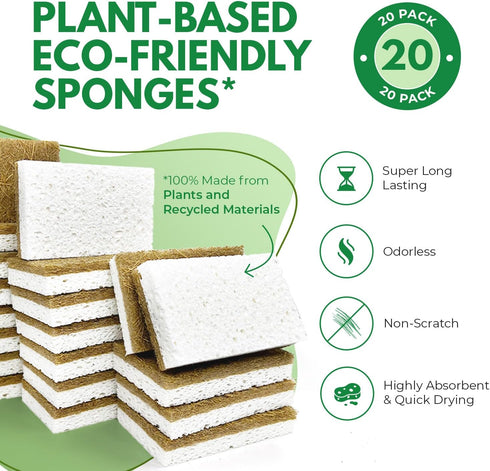 20 Pack Biodegradable Natural Kitchen Sponge - Compostable Cellulose and Coconut Walnut Scrubber Sponge - Eco Friendly Sponges for Dishes...