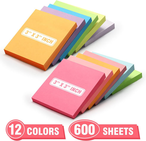 Sticky Notes Pads, 600 Sheets, 3x3 Inches, It is Perfect to Post for Office, Home and School, 12 Pads 12 Colors Sticky Notes Bulk...