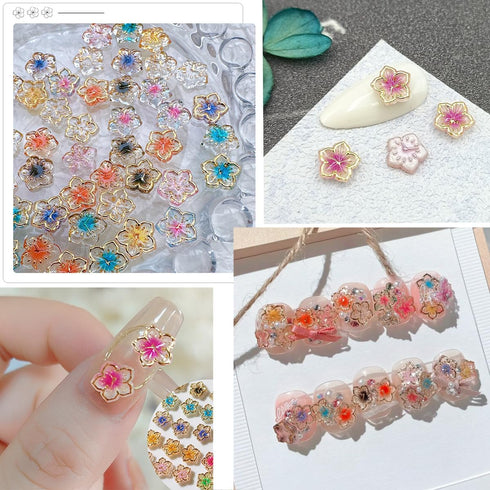 50Pcs Flower Nail Charms 3D Lovely Flower Charms Nail Rhinestones Gold Edge Glaze Design Resin Nail Jewels Colorful Floral Nail Art Charms Supplie...