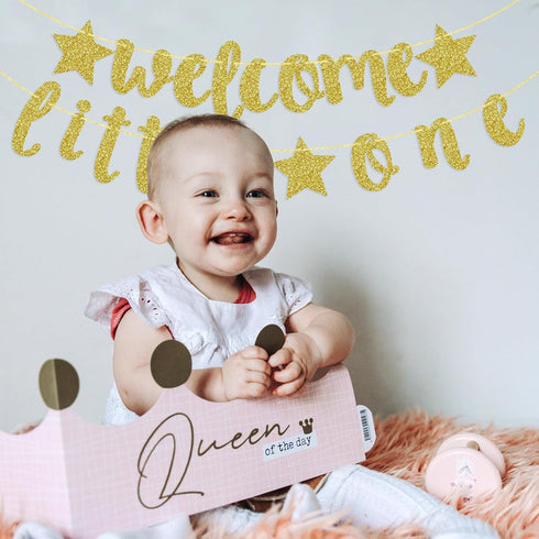 Welcome Little One Glitter Banner, Pre-strung Baby Shower Banner, Gender Reveal Party Decor (Gold)...