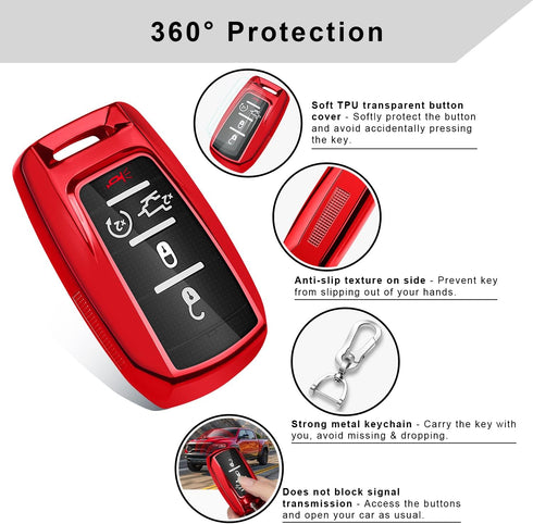 QBUC for RAM Key Fob Cover with Keychain Clip Soft TPU Key Case Compatible with 2019 2020 2021 2022 Dodge Ram 1500 2500 3500 4500 5500 Smart Remot...