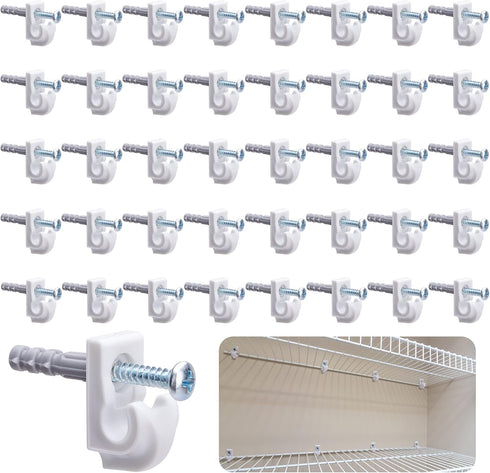 40 Pcs White Down Wall Clips- Wire Shelf Brackets Loop Clips- Closet Maid Support Brackets- Plastic Closet Shelves Clips Screws and Expansion Tube...