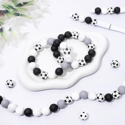 JarThenaAMCS Soccer Silicone Beads for Keychain Making Kit with 114Pcs 15mm Black White Gray DIY Silicone Beads Tassels Key Rings for Home Office ...