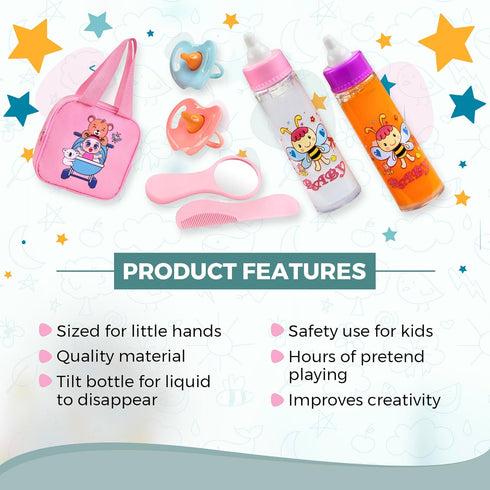 Baby Doll Set – 7 Piece Adorable Baby Doll Accessories with 2 Baby Doll Bottles, 2 Doll Pacifiers, Comb and Mirror – Baby Doll Toys for Kids in a ...