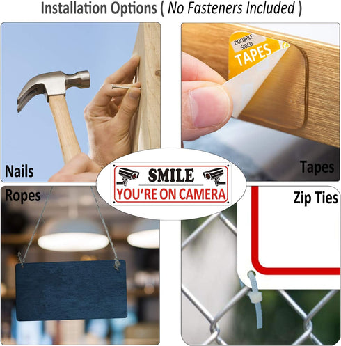 Smile You're on Camera Sign, 2 Pack Video Surveillance Sign, 10" x 3.5" Home Security Signs for House Business, Metal Camera Warning Sign Outdoor,...
