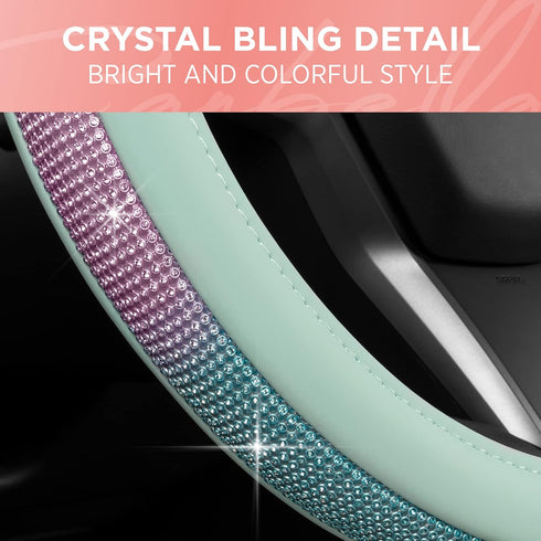 Mint Green Diamond Bling Steering Wheel Cover, Standard 15 Inch Size Fits Most Vehicles, Cute Faux Leather Car Steering Cover with Rhinestone Crys...