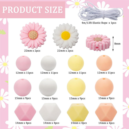 100Pcs Daisy Silicone Beads with Elastic Rope Pink White Flowers Shape Silicone Loose Bead 4 Colors Round Hexagon Spacer Beads for DIY Crafts Jewe...