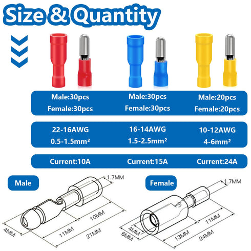 smseace 160PCS Insulated Bullet Connectors Assortment Kit 22-10AWG Bullet wire connectors Female&Male Bullet Connector for Automotive Boat Stereo ...