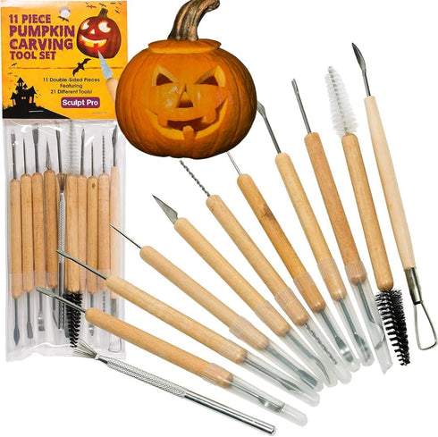Pumpkin Carving Kit (21 Tool Set) w 11 Double Sided Pieces - Halloween Professional Sculpting, Cutting and Carving Knife Supplies for Fall Jack-O-...