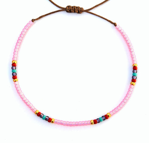 Beaded Anklet for Women, Boho Bohemian Native American Style, Unique Waterproof Pink Colorful Hippie Beach Anklet, Handmade by Tribes (S-M)...