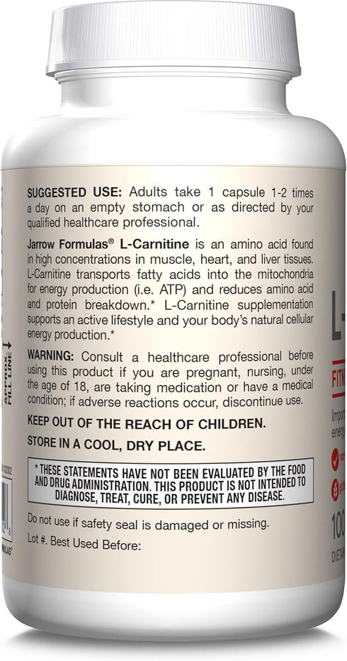 Jarrow Formulas L-Carnitine 500 mg, Dietary Supplement, Support for Cellular Energy Production, 100 Veggie Capsules, 100 Day Supply...