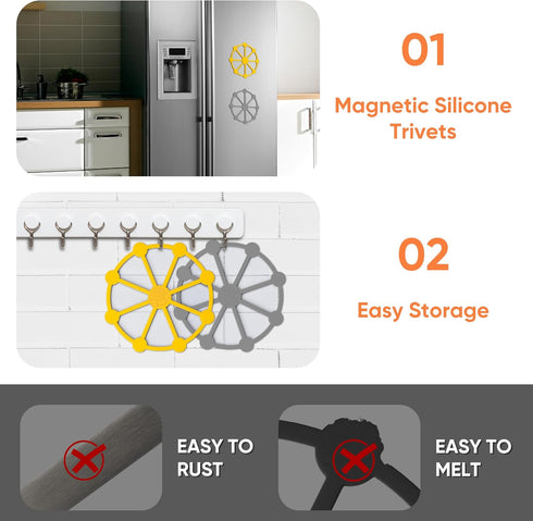 2PCS Magnetic Trivets for Hot Pots and Pans, Non-Slip Silicone Mats, Heat Resistant Magnetic Pads for Hot Dishes/Pots/Pans, Black & Red Double Sid...