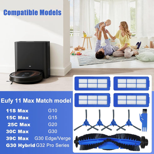10 Pcs Replacement Parts Kit for Eufy 11S Max, 15C Max, 30C Max,39C Max,G30 Edge, G30 Hybrid Vacuum Cleaner Spare Parts Sets 1 Brush Roller 4 Side...