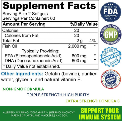 Omega 3 Burpless Max Strength Fish Oil Supplement, Dr. Formula 2000 mg with Vitamin E, 800 mg EPA 600 mg DHA Ultimate Brain, Hair Support Men & Wo...