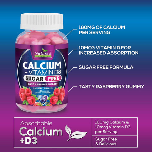 Sugar Free Calcium Gummy Bites Plus 400 IU Vitamin D3, Bone Health & Immune Support, Supports Bone Strength - Chewable Calcium Nutrition Supplemen...