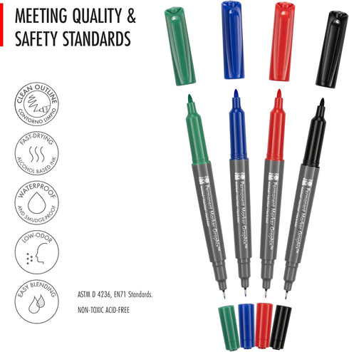Marabu Dual Tip Permanent Markers - 4 Fine & Ultra Fine Point Permanent Markers for Artists and Everyday Use - Alcohol Based Markers for Paper, Bo...