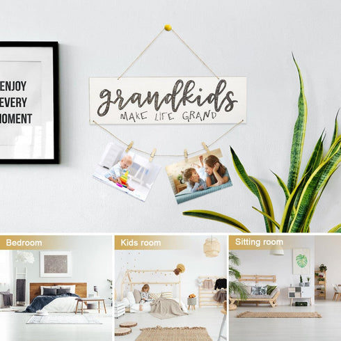 Garneck Grandkids Photo Frame Mini Wooden Hanging Wall Board DIY Listing Note Clips Crafts Grandma's Picture Board Frame with Wooden Clips and Rou...