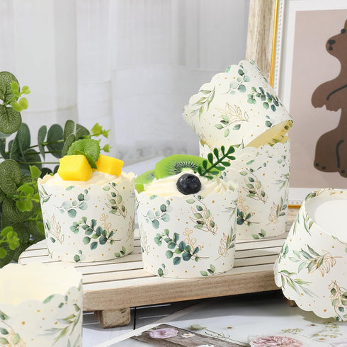 100Pcs Eucalyptus Leaf Paper Baking Cups Green Gold Foil Leaves Cupcake Wrappers Scalloped Edge Cupcake Muffin Cases for Wedding Birthday Party...
