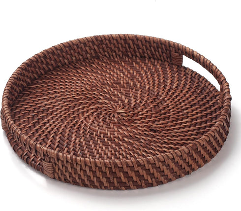 11 inch Rattan Tray, Round Wicker Tray with Cut-Out Handles, Woven Serving Tray for Dining / Coffee Table...