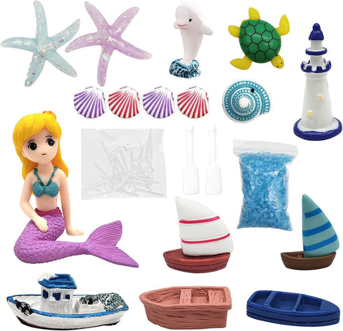 21 Pieces Miniature Garden Accessories, Blue Sand and Miniature Mermaid Dolphin Boat Steamship Figurines Decorations, Micro Beach Ocean Seaside Sc...