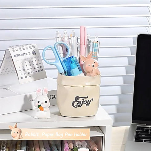 Cute Pen Holder for Desk,Creative Cute Pet Pencil Holder,resin material, Nordic Retro Style Pen Organizer for Desk, Makeup Brush Organizer (Rabbit...
