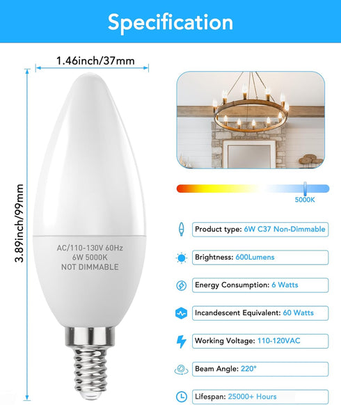PARTPHONER E12 LED Light Bulbs B11 Candelabra Bulbs 60W Equivalent, Non-Dimmable 6W LED Candle Chandelier Bulb 600 Lumen, 5000K Daylight White, Pa...