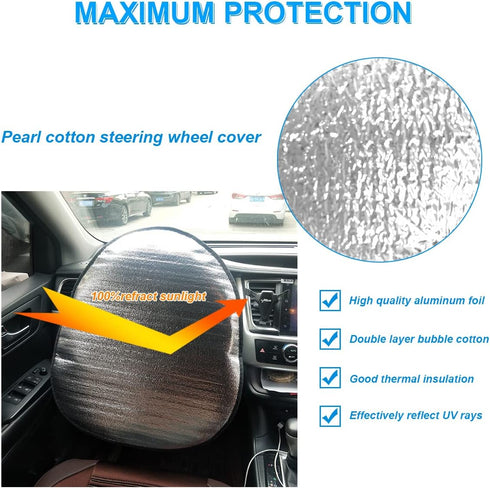 2PCS Steering Wheel Cover Sun Shade, 19.6''×17.3'' Universal Anti-Heat Aluminum Foil Auto Interior Protector, Block UV Rays Cool in Summer, Vehicl...