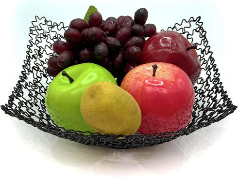 Black Fruit Bowl for Kitchen Counter 8.86 x 3.74 inches, (not large) Decorative Countertop Metal Wire Basket handmade for Fruits, Breads, Snacks...