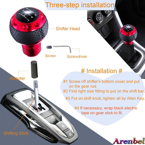 Arenbel 5 Speed Leather Car Shifter Handle Manual Gear Stick Shift Lever Knobs Replacement Fit Most MT Trucks Vehicles, Red...