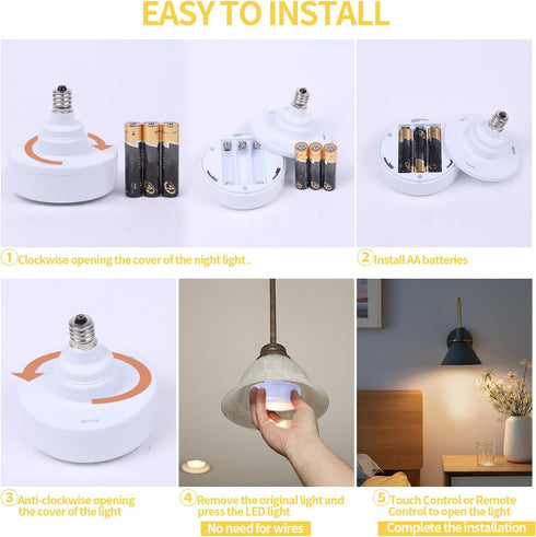 E12 Base Battery Operated Light Bulb with Remote, 2 Pack 3 AAA Battery Powered LED Light Bulbs, Dimmable Screw in Puck Light with Timer for No Har...