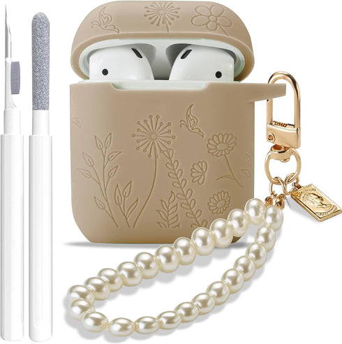 Flower Engraved Case for Airpods 2nd Generation Case Cover with Cleaner Kit, Stylish Silicone Skin Protective Case with Luxury Pearl Keychain for ...