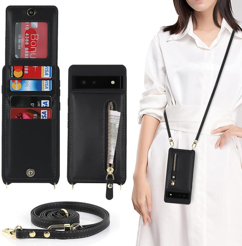 for Google Pixel 6 Case with Card Holder for Women,Pixel 6 Phone Case Wallet with Strap Credit Card Slots Crossbody with Kickstand Zipper Shockpro...