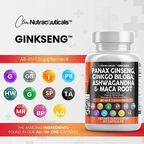 Clean Nutraceuticals Panax Ginseng 10000mg Ginkgo Biloba 4000mg Ashwagandha Maca Root 3000mg - Focus Supplement Pills for Women and Men with Pine ...