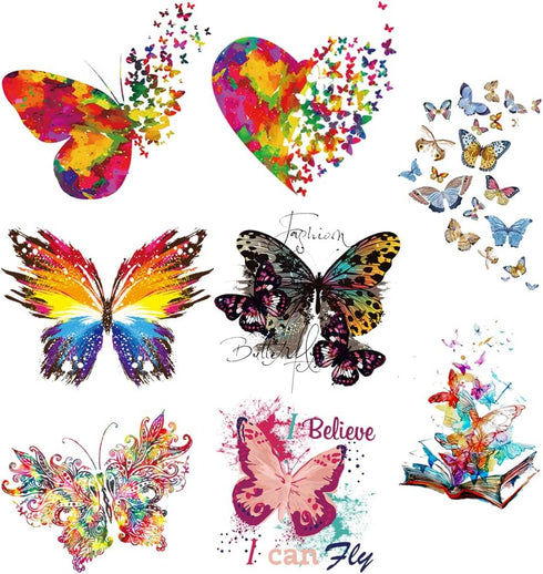 8 Large Sheets Colorful Butterfly Iron on Stickers Patches Cute Flying Animal Heat Transfer Stickers Decals DIY T-Shirt Jeans Backpacks Families C...