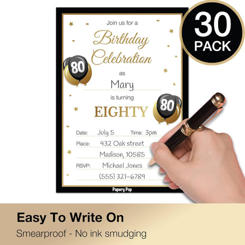 80th Birthday Invitations for Men or Women with Envelopes (30 Pack) - 80 Eighty Year Old Anniversary Party Celebration Invites Cards...