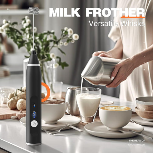 Milk Frother Rechargeable Handheld Electric Whisk Coffee Frother Mixer with 2 Stainless whisks 3 Speed Adjustable Foam Maker Blender for Coffee Ma...