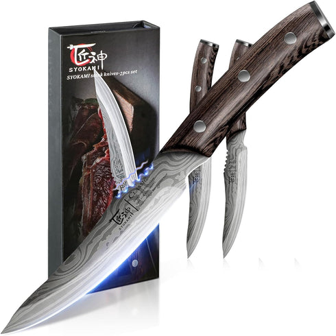 Steak Knives Set Of 2, 4.8 Inch High-Carbon Japanese Stainless Steel Non-serrated Meat Knife With Wood Handle, Damascus Pattern Full Tang Design, ...