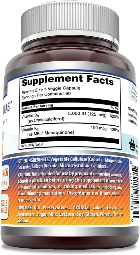 Amazing Formulas Vitamin D3 5000 IU with Vitamin K2 100 mcg | D3 + K2 Complex Supplement | Veggie Capsules | Non-GMO | Gluten Free | Made in USA (...