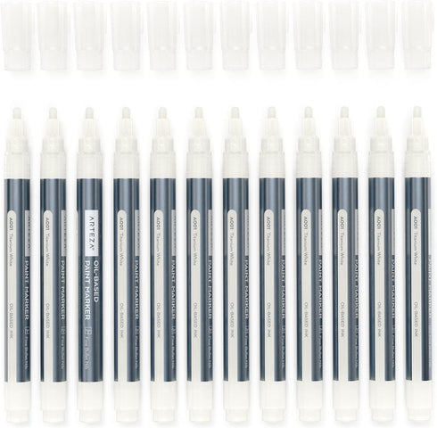 ARTEZA Oil Based Paint Markers, 12-Pack, White, 1.3 mm Line, Permanent Pens, Waterproof Craft and Art Supplies for Stone, Wood, Glass, Metal, Canv...