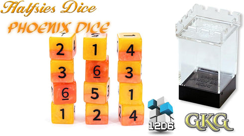 Gate Keeper Games and Dice: Halfsies Dice: Phoenix Dice - 12dc Fiery Orange & Yellow, Pearlescent Swirl, Resin Dice for Role Playing Games...