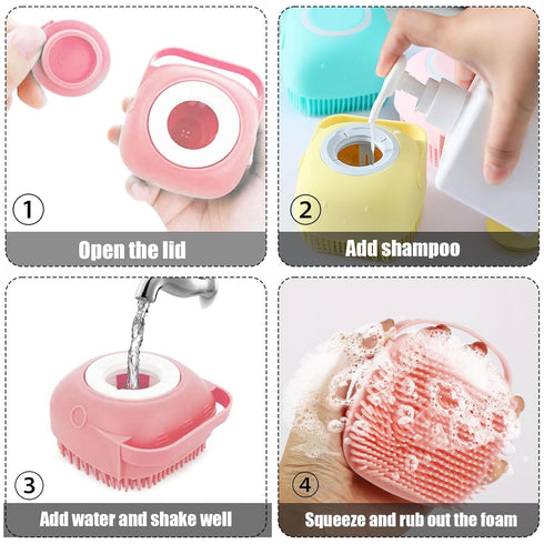 Dog Cat Bath Brush Comb Silicone - Dog Bath Brush Scrubber Pet Brush Bath Brush For Cats Dogs With Soap Dispenser Grooming Cleaning (Pink)...
