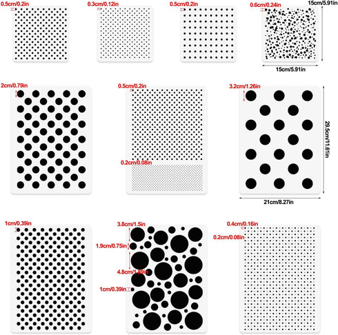 Dots Stencils, 10 Pcs Mixed Media Assorted Size Polka Dot Stencils Repeating Reusable Cluttered Circle Stencils for Painting on Wood Furniture Pil...